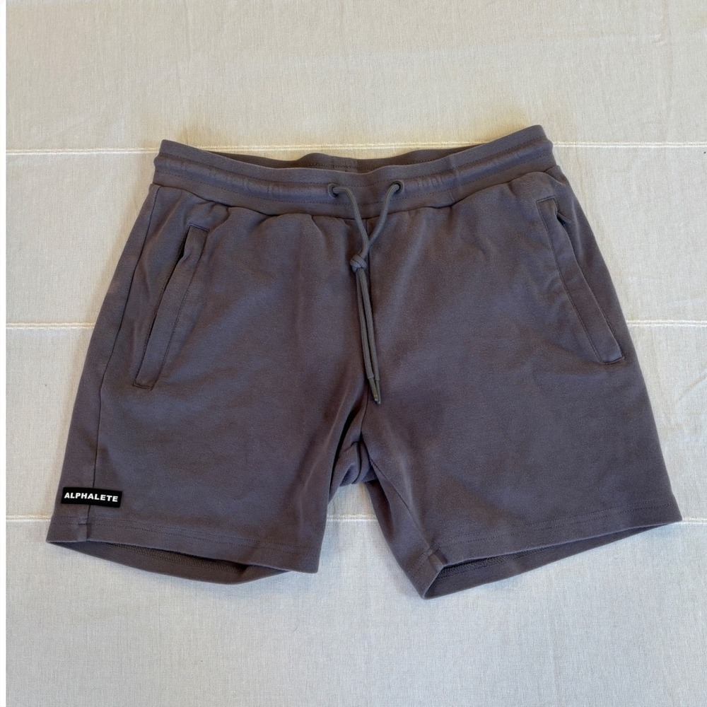 Alphalete Mens Gray Cotton Blend Athletic Gym Shorts Large Drawstring Pockets